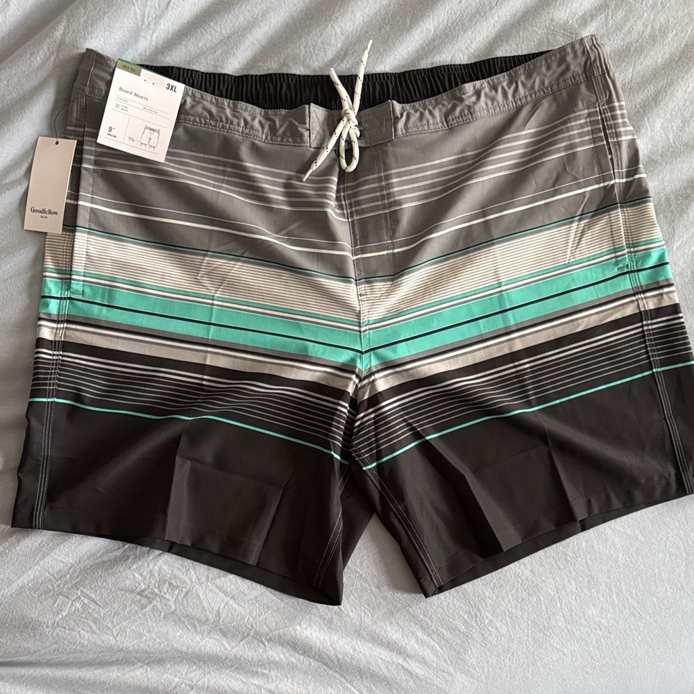 Goodfellow & Co Black and Teal Striped Board Shorts/ Swim trunks